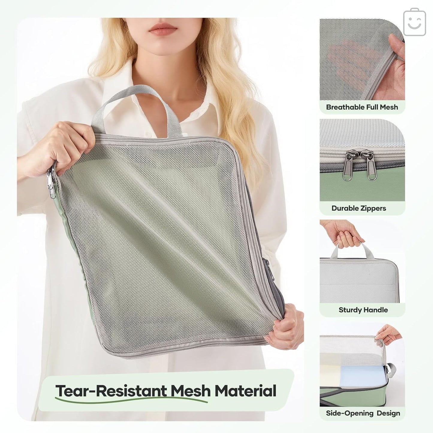 Veken 9/11 Set Compression Packing Cubes for Travel Essentials,Compressible Expandable Large Luggage Suitcase Organizer Bags for Clothing,Durable Space Saver Storage Bags(Matcha Green)