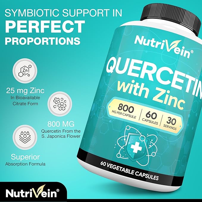 Nutrivein Zinc Quercetin Combined Supplement - Enhanced-Absorption Quercetin with Zinc for Respiratory, Cardio, Immune, & Full-Body Support - Maximum Bioavailability