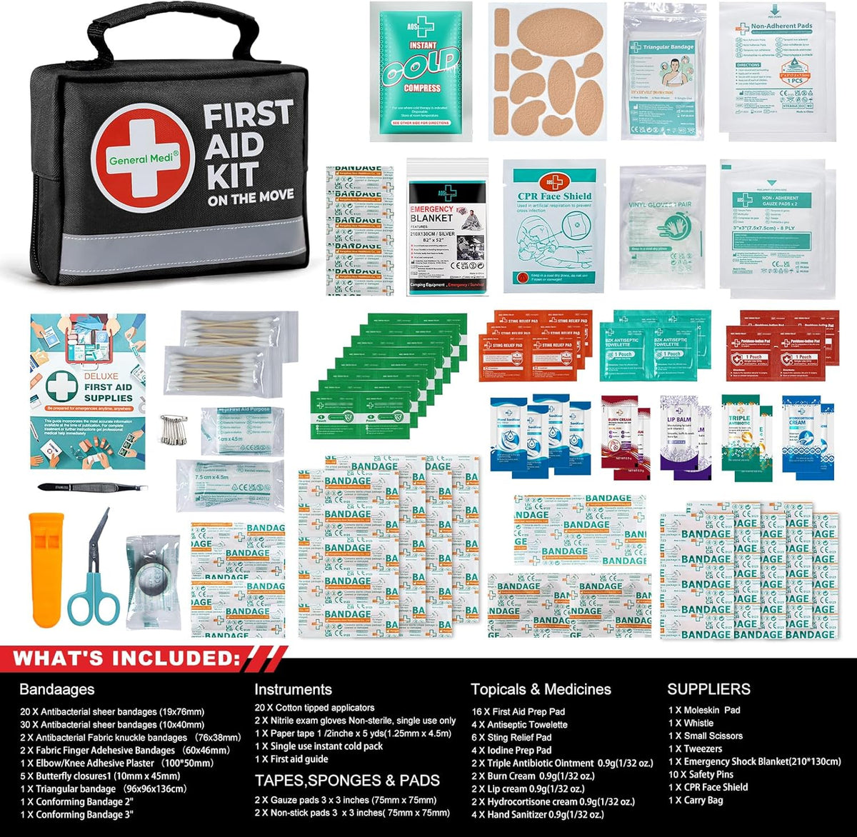 General Medi First Aid Kit - 150 Pieces Small Compact First Aid Kit Bag - Includes Instant Cold Pack, Emergency Blanket for Travel, Home, Office, Vehicle, Camping