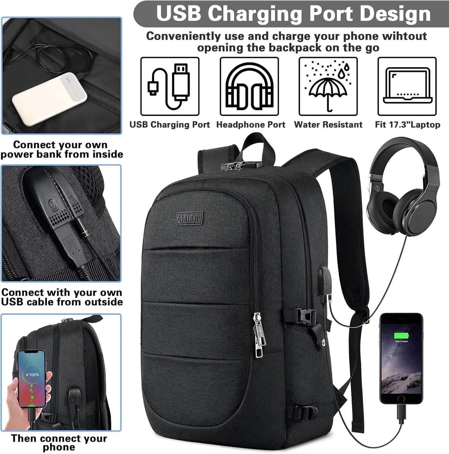 AMBOR Travel Laptop Backpack,18.4 inch Anti Theft Business Laptop Carry on Backpack with USB Charging Port and Headphone Interface, Backpack for Men & Women,Black