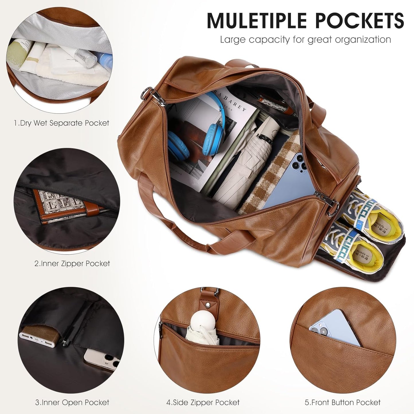 Wogarl 3PCS Leather Weekender Bag for Women Men Large Overnight Bag Travel Duffel Bag with Shoe Compartment Toiletry Packing Cube Carry On Bag Fit 21"" Laptop(Light Brown), YT042