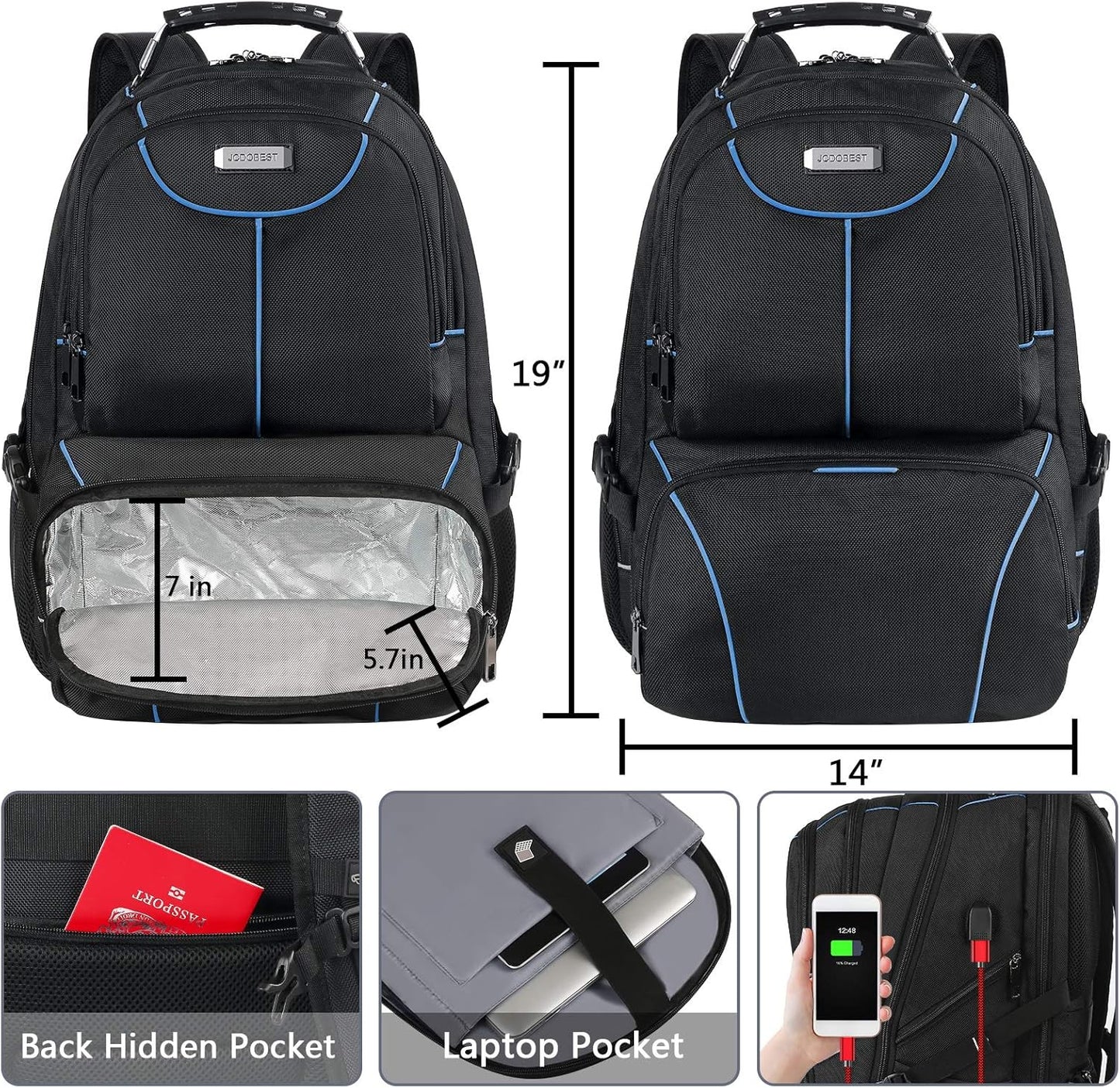 VECKUSON Lunch Bag Backpack, Insulated Cooler Lunch Box Backpack, Extra Large Travel Laptop Backpack TSA Friendly RFID Computer College bag with USB Port for Women Men,Blue