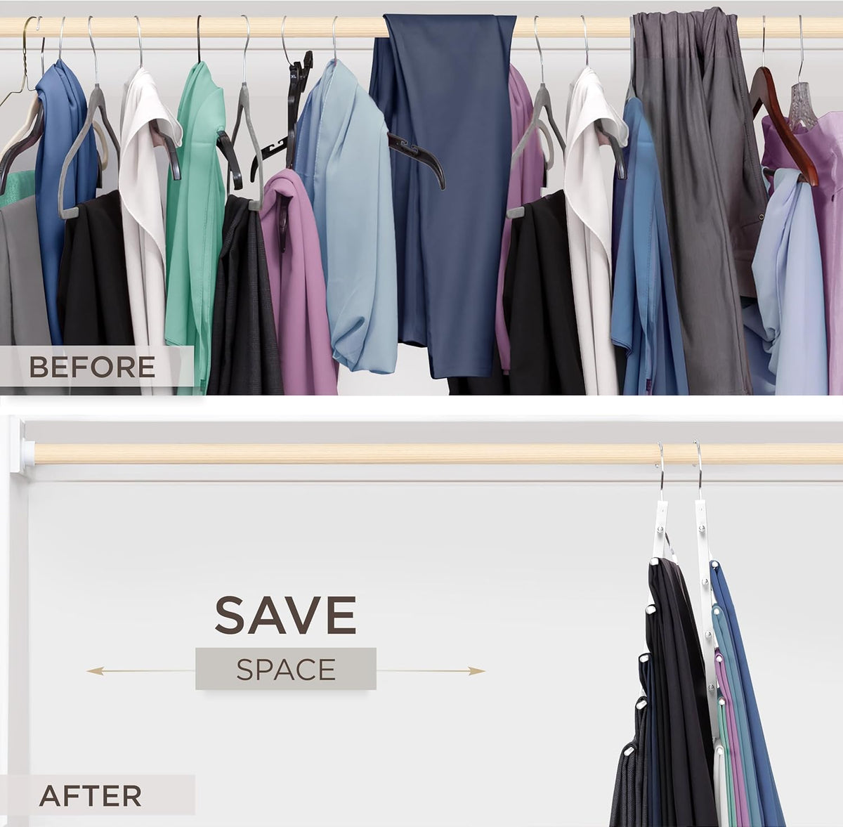 MORALVE Pants Hangers Space Saving - 2 Pack European Beechwood Scarf and Jean Hangers - Closet Organizer and Space Saver Pant Rack, Leggings Hanger, and Scarf Holder with 360° Swivel Hook