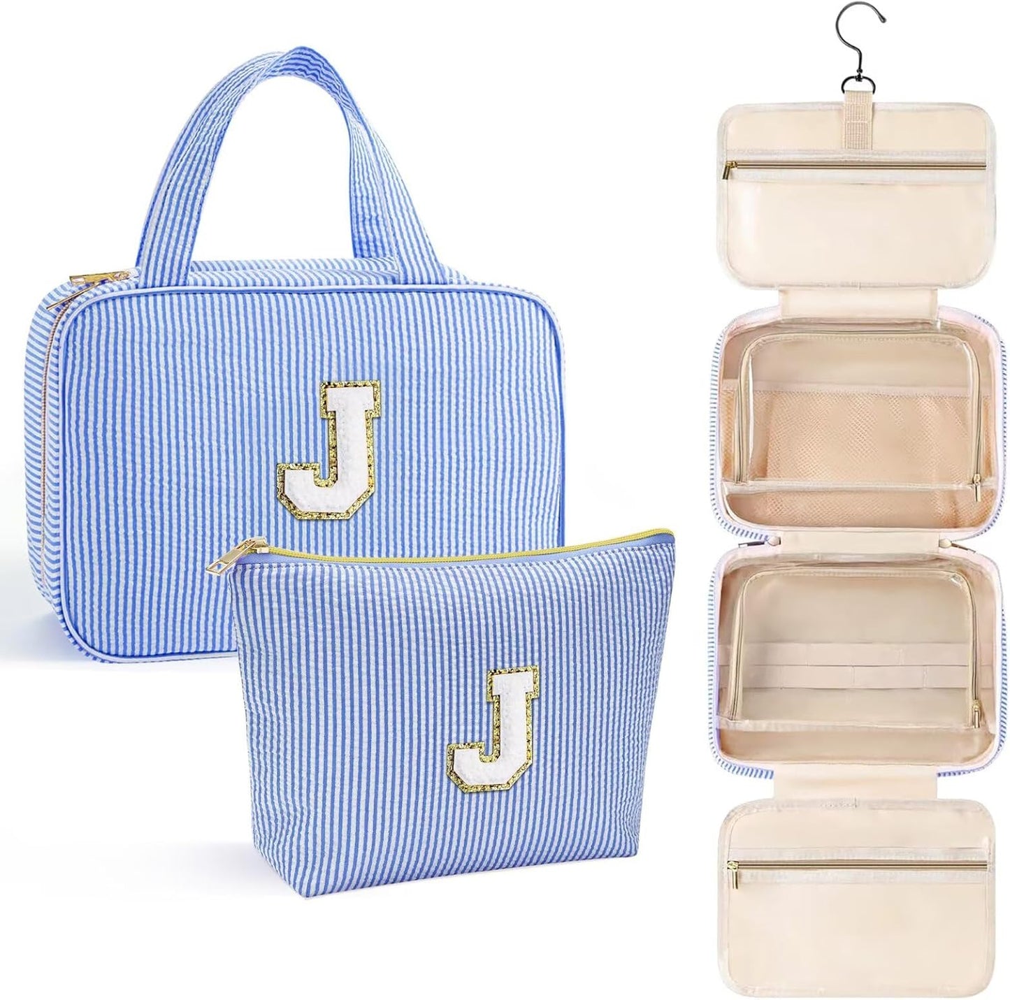 YOOLIFE Travel Toiletry Bag Makeup Bag - Hanging Toiletry Bag for Women, Portable Toiletries Travel Bag and Cosmetic Bag, Airplane Travel Essentials Travel Toiletry Bag - Letter J, Blue