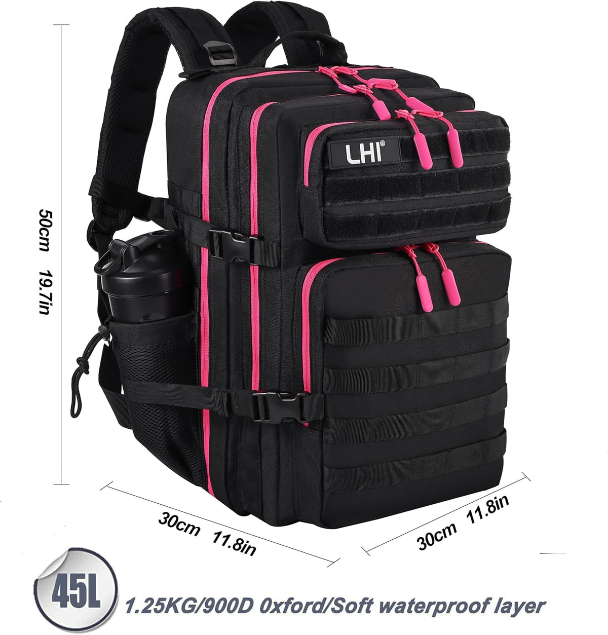 LHI Military Tactical Backpack for Men and Women 45L Army 3 Days Assault Pack Bag Large Rucksack with Molle System - Black with red zipper