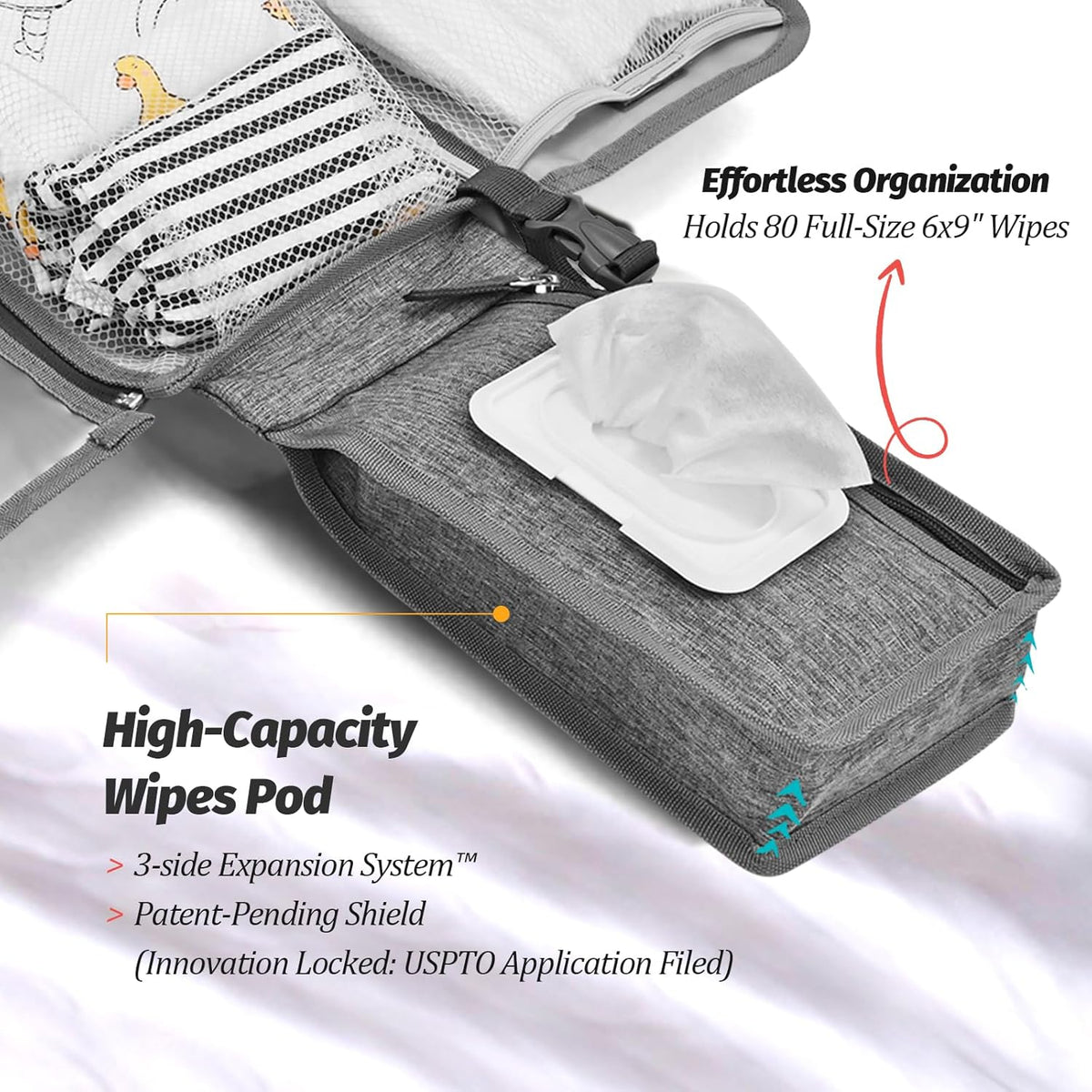 PZU Portable Diaper Changing Pad - Changing Pad Portable with Wipes Pocket, Waterproof Diaper Changing Mat, Portable Changing Pad for Baby, Newborn Gift（Grey）
