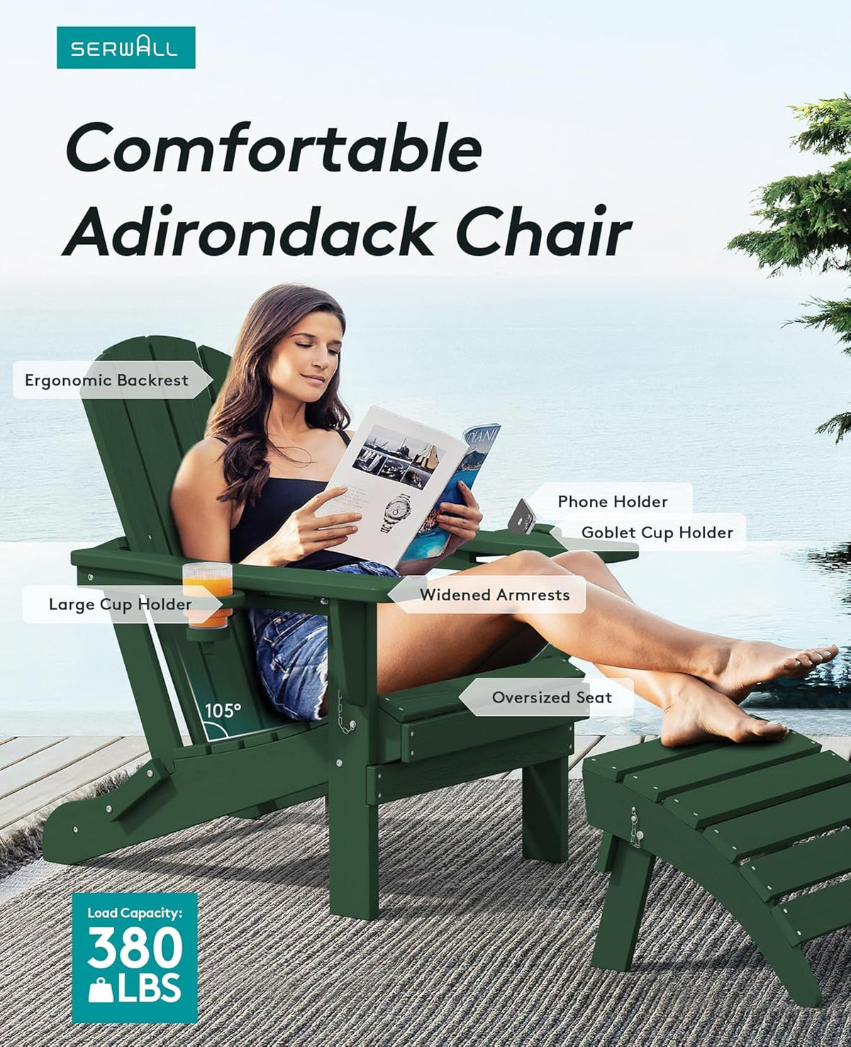 SERWALL Adirondack Chair with Cup Holders - Composite Adirondack Chairs Set of 8 HDPE Outdoor Chairs All Weather Use- Green