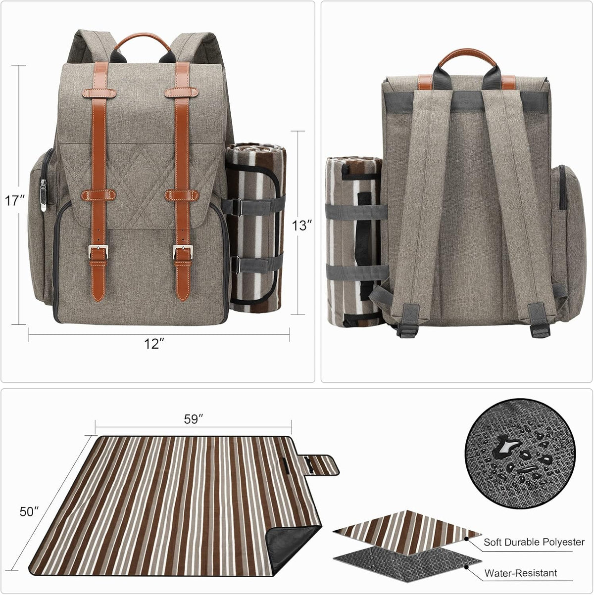 Picnic Backpack for 2 Person with Large Insulated Cooler Bag, Picnic Basket Set with Wine Pouch, Waterproof Picnic Blanket & Cutlery Set. Perfect for Beach, Camping,Wedding Gift for Couple.Beige