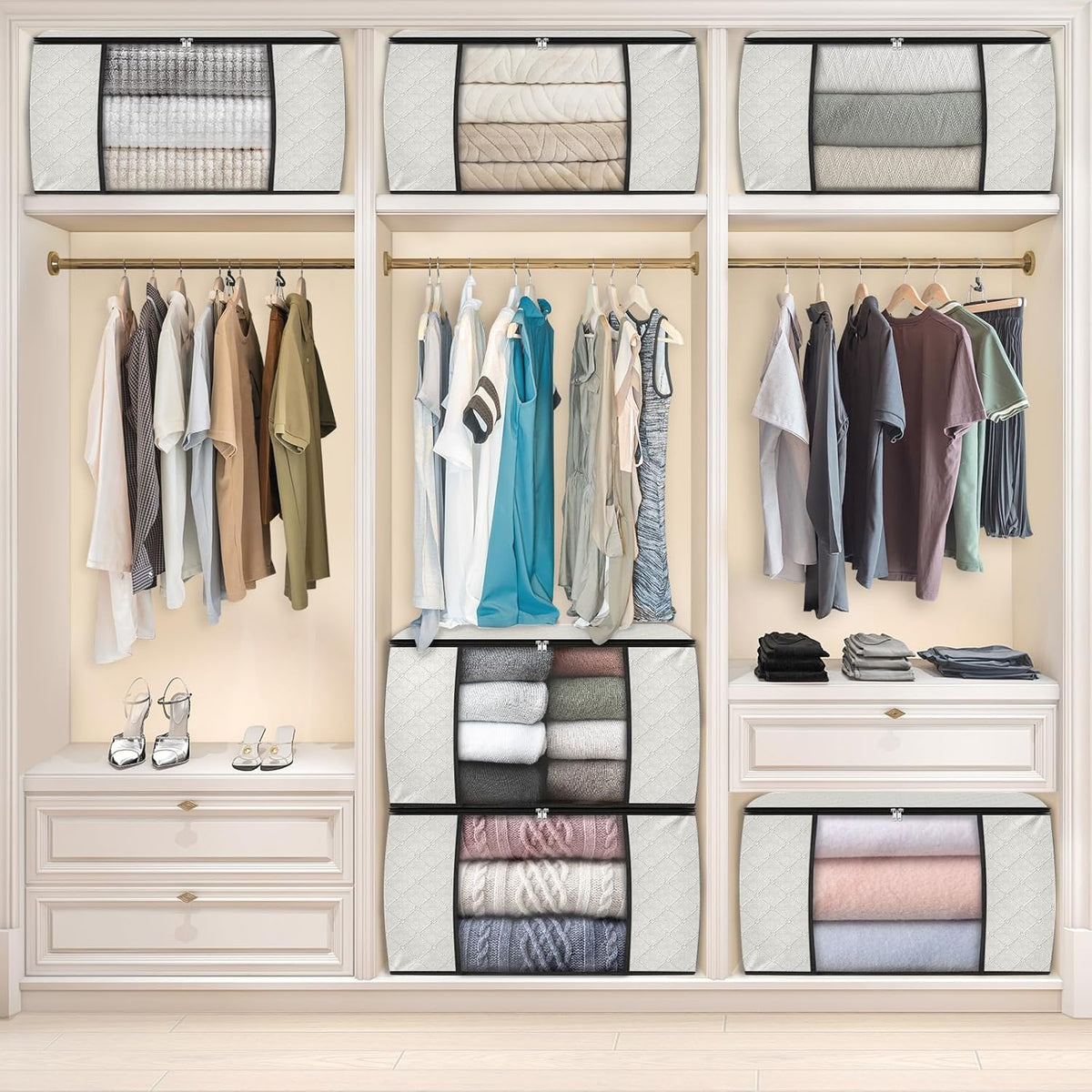 Fab totes 8 Pack Clothes Storage, Foldable Thick Fabric Blanket Storage Bags, Containers for Organizing Bedroom, Closet, Clothing, Comforter, Organization with Handle,Ivory White