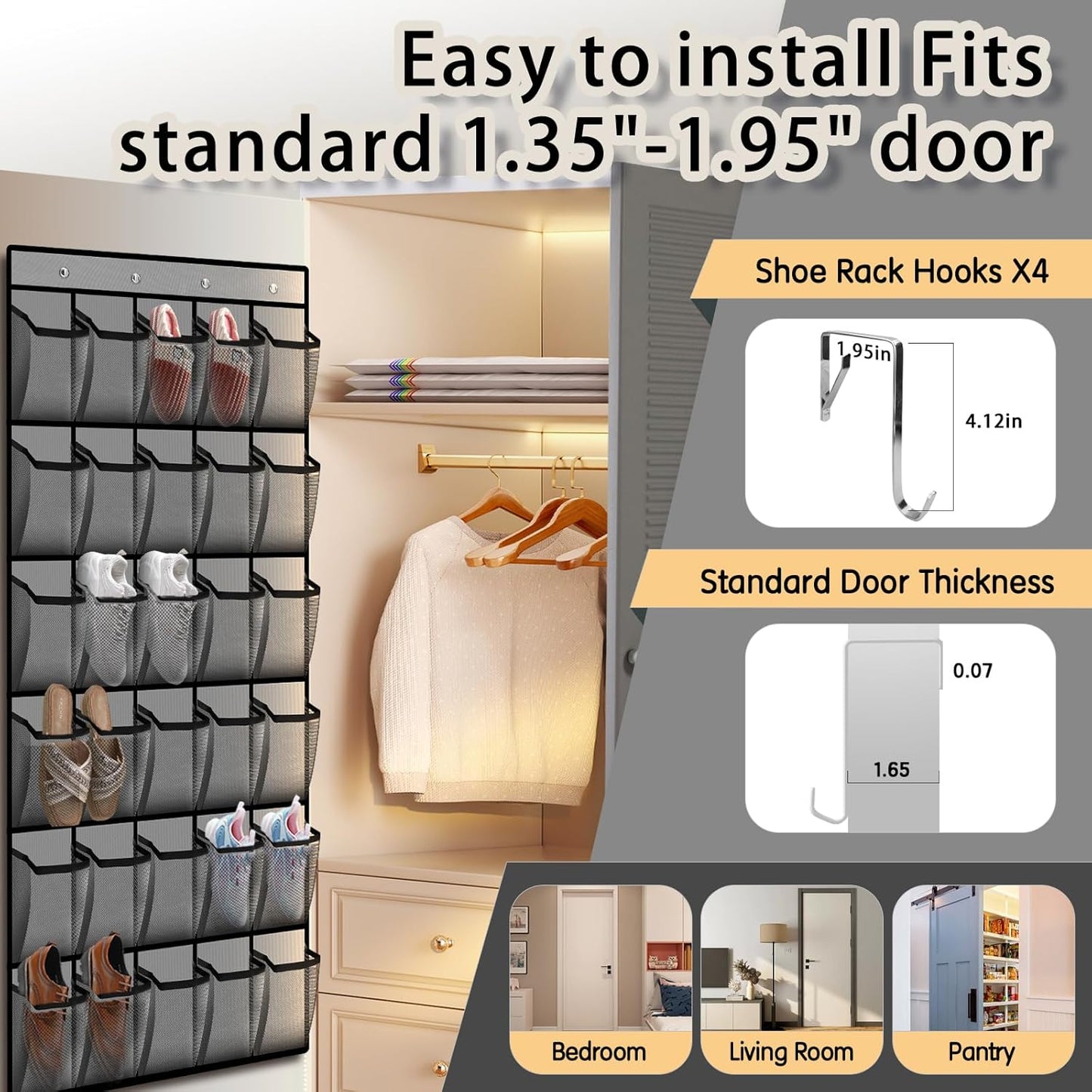 2PCS Over the Door Shoe Organizer with 30 Breathable Mesh Pockets - Large Capacity Closet Storage for Men & Women, Hanging Shoe Rack Organizer -Gray