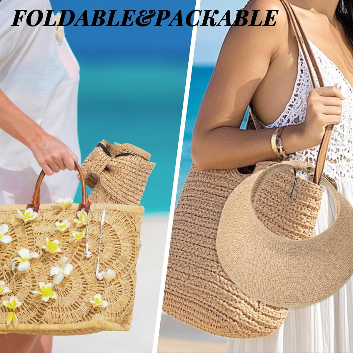 Sun Hats for Women Straw Beach Hat Wide Brim Sun Visor Summer Hat Packable Floppy Beach Vacation Essentials Green