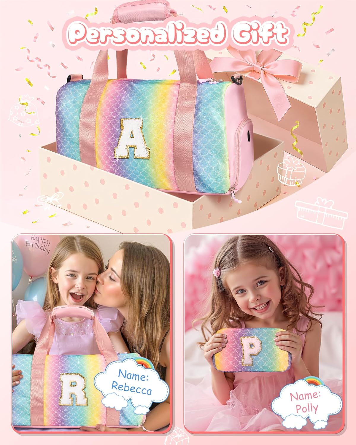 Graduation Gifts for Girls-Girl Gym Bag with Shoe Compartment, Kid Personalized Weekender Overnight Bags, Initial Travel Tote with Makeup Pouch, Gift Ideas for Niece Sister (Letter W)