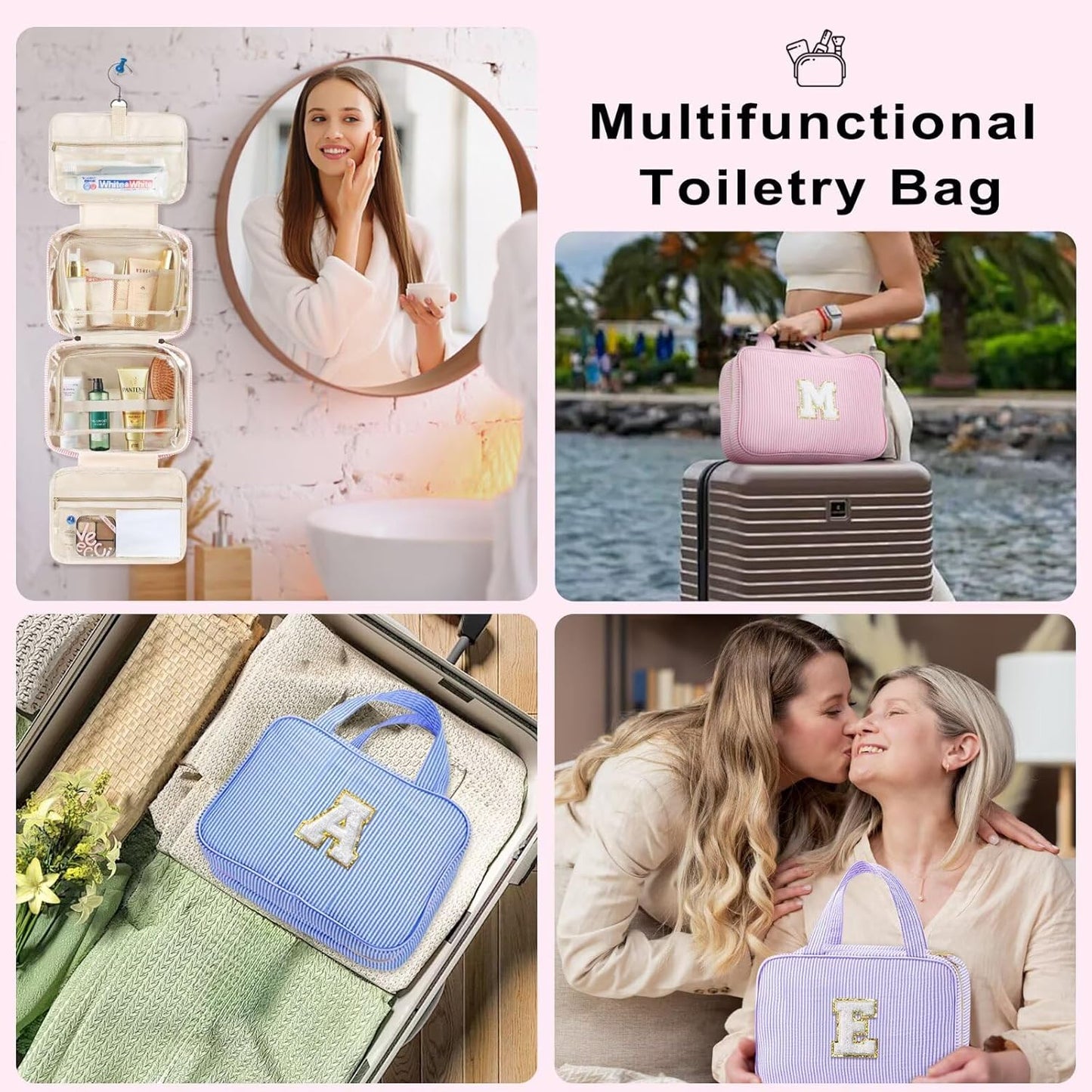 TOPEAST Travel Toiletry Bag Makeup Bag - Hanging Toiletry Bag for Women, Portable Toiletries Travel Bag and Cosmetic Bag, Airplane Travel Essentials Travel Toiletry Bag - Letter J, Purple