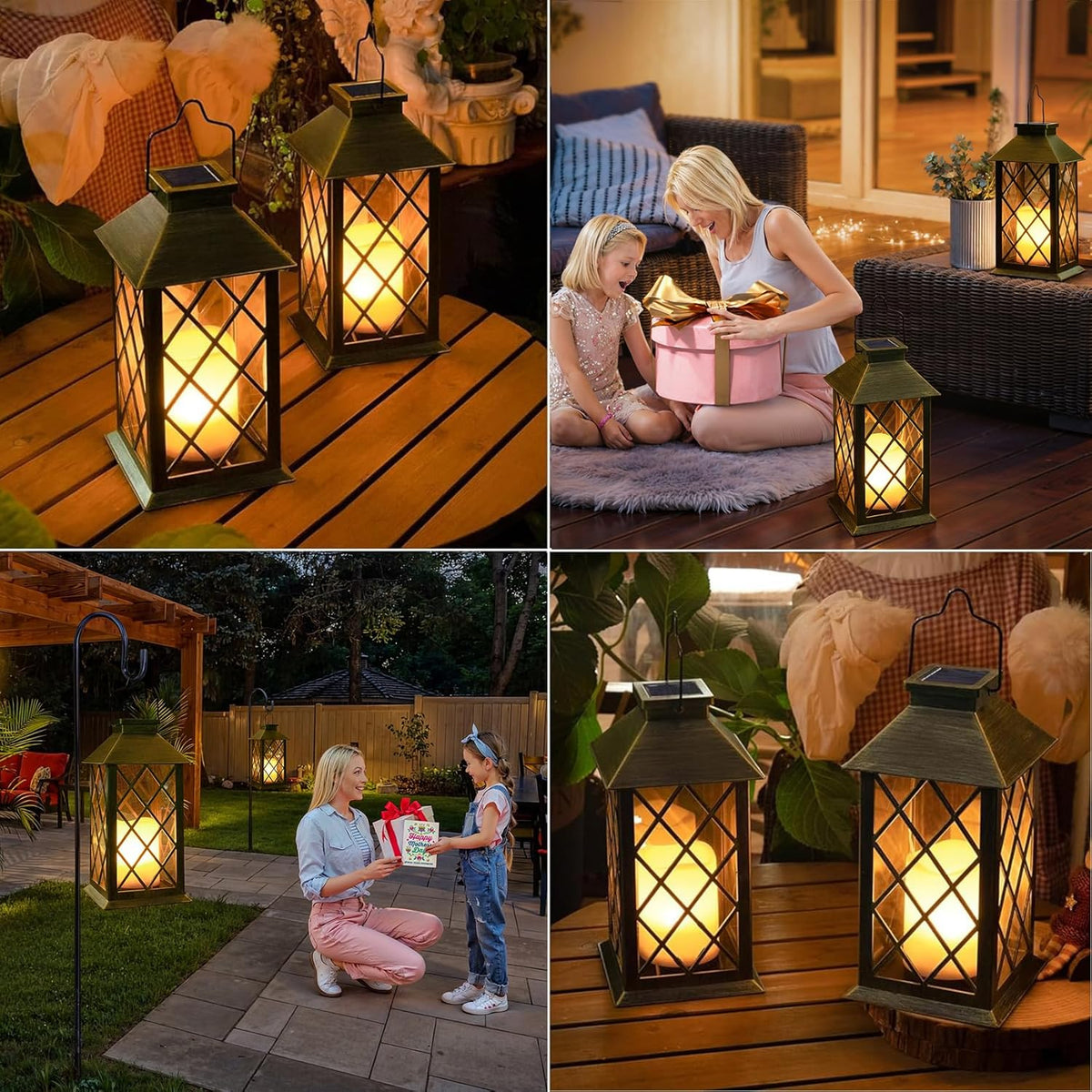 TAKE ME 14" Solar Lanterns Outdoor Waterproof Garden Lanterns Large Flickering Flameless Candle Mission Lights for Table,Outdoor,Party Mothers Day Gifts ( 2 Packs Bronze-Green Color)