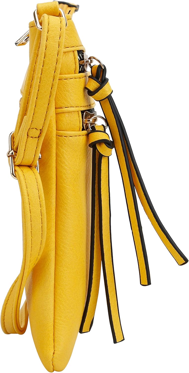 DELUXITY | Crossbody Purse Bag | Functional Multi Pocket Double Zipper Purse | Adjustable Strap | Medium Size Purse | Yellow