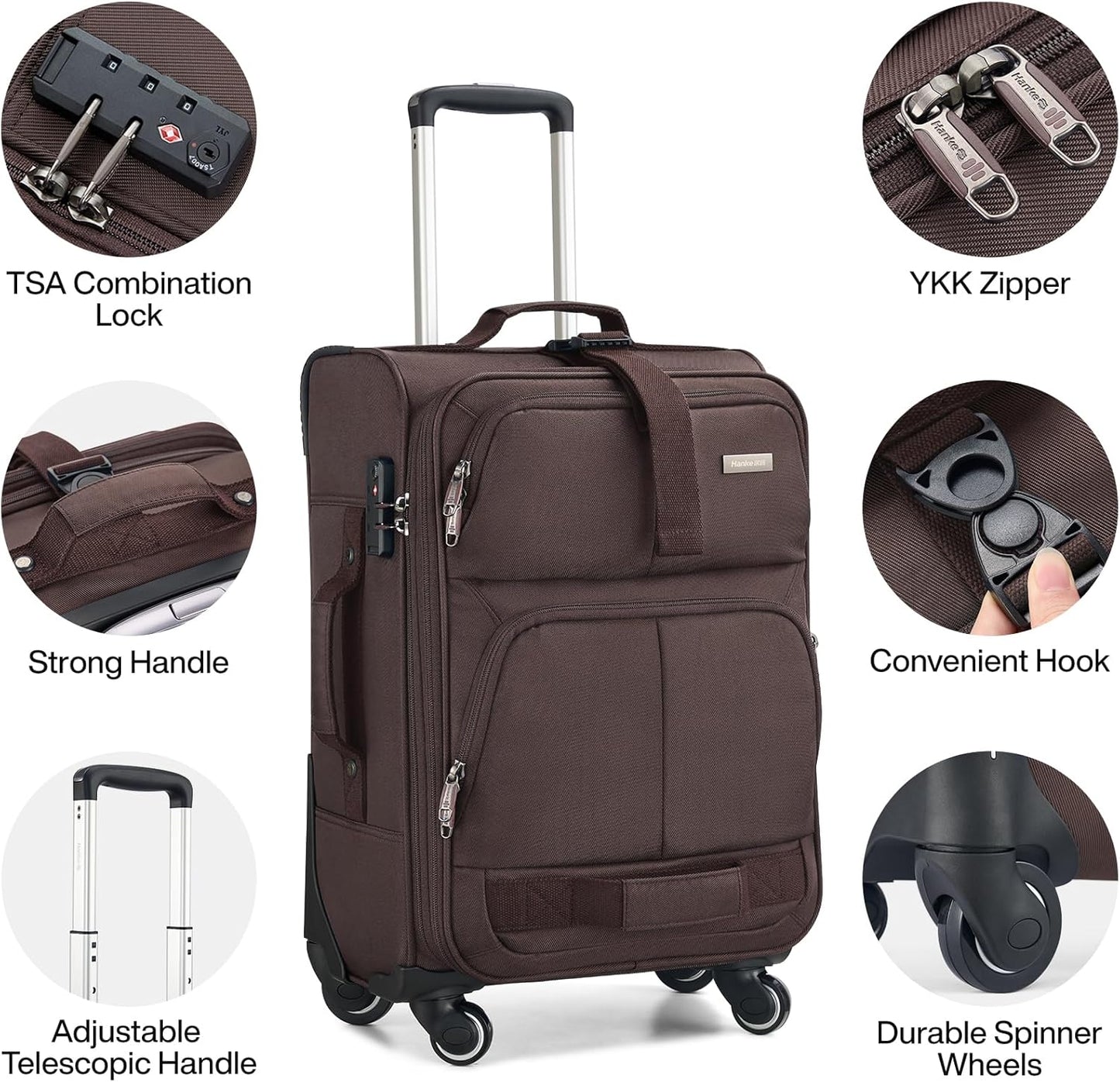 Hanke 20 Inch Softside Expandable Carry On Luggage with Spinner Wheels, Rolling Suitcase Travel Luggage with TSA Approved Luggage,Coffee