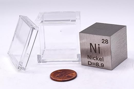 1" 25.4mm Nickel Metal Cube Ni up to 99.9% Pure Periodic Table Element Engraved Density Collection Science Education Display Block Cube + Acrylic Case Box - 1PC