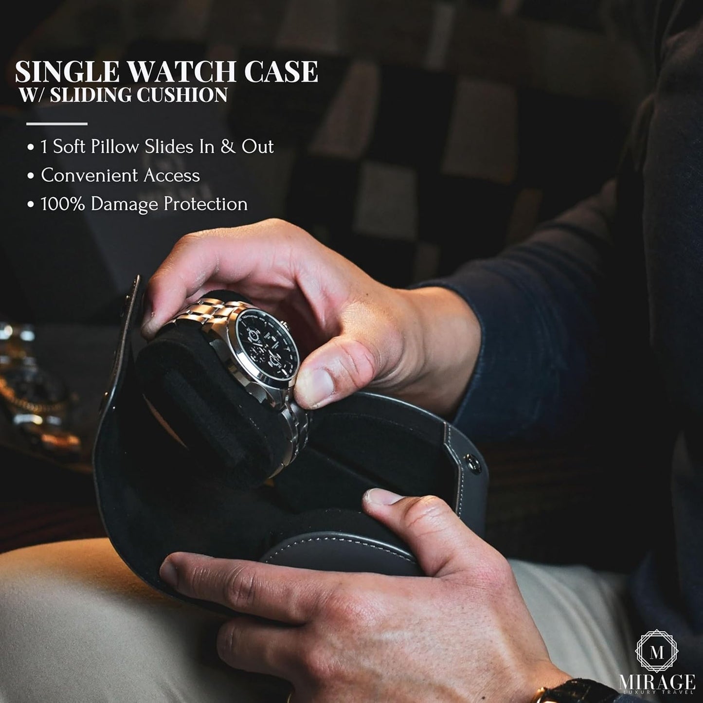 Single Watch Roll Case Watch Travel Case Box 1 Watch Display Case Slate Gray Swiss Motif Design Vegan Leather