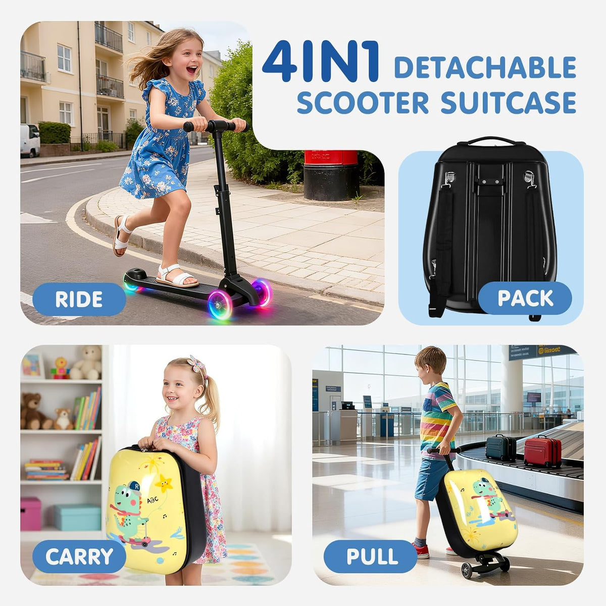 smilesun 4-in-1 Detachable Scooter Luggage for Kids & Teens – Hardside Ride-On Suitcase with Led Light Up Wheels, Dinosaur Design, Lightweight Foldable, Perfect Travel Gift for Boys(Yellow 22-inch)
