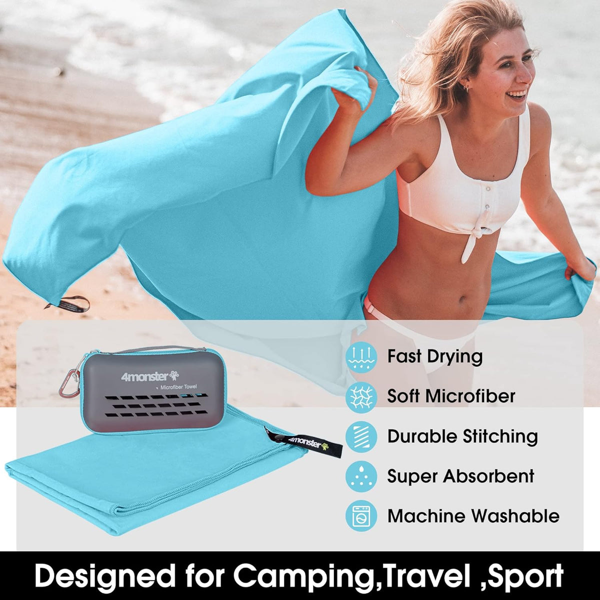 4Monster Camping Towels Super Absorbent, Fast Drying Microfiber Travel Towel, Quick Dry Ultra Soft Compact Gym Towel for Swimming Beach Hiking Yoga Travel Sports Backpack (31.50" x 15.80", Lake-green)