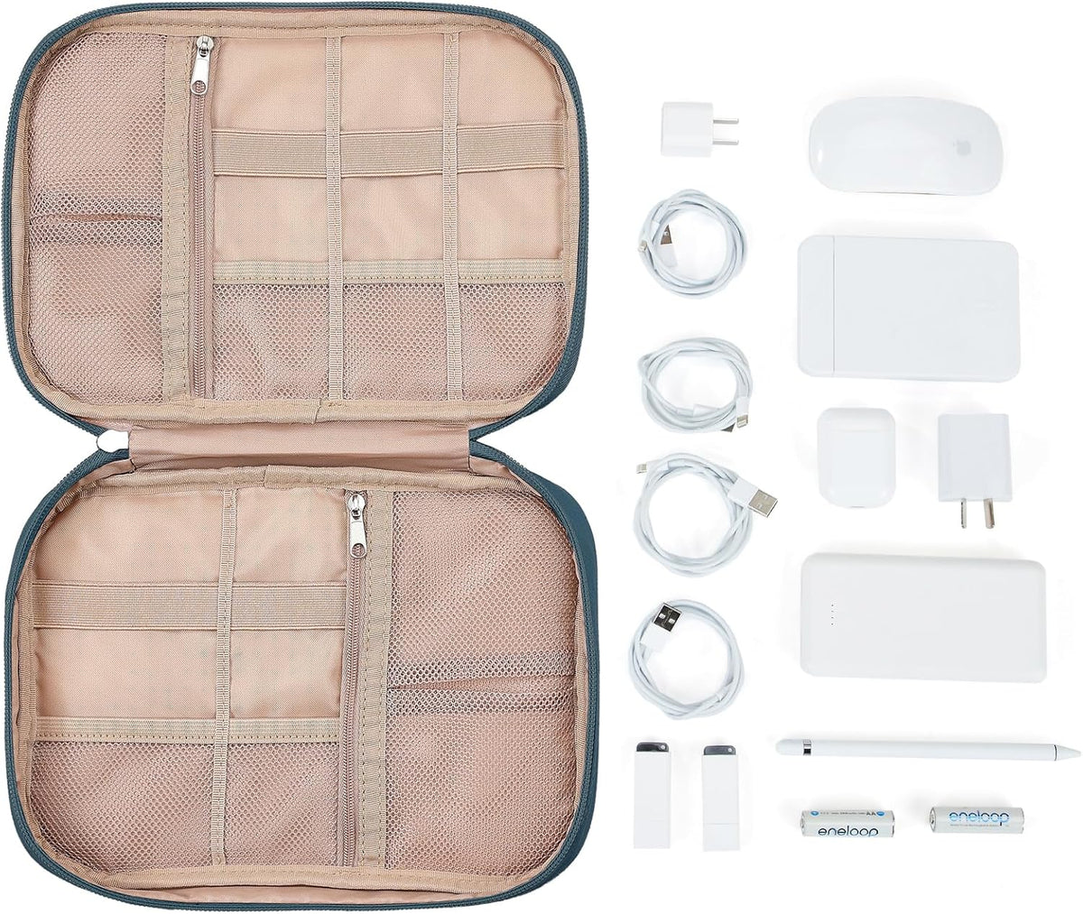 NISHEL Travel Cord Organizer Case, Tech Electronic Bag, Essentials for Charger, Cable, Phone, Hard Drive, USB, SD Card, Lake-Blue