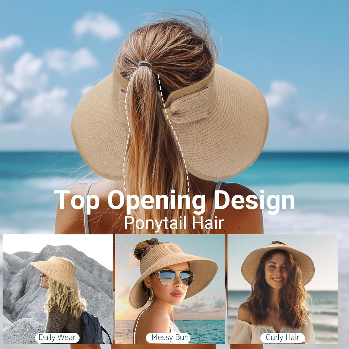 PFFY Sun Hats for Women Straw Beach Hat Packable Foldable Wide Brim Ponytail Travel Visor