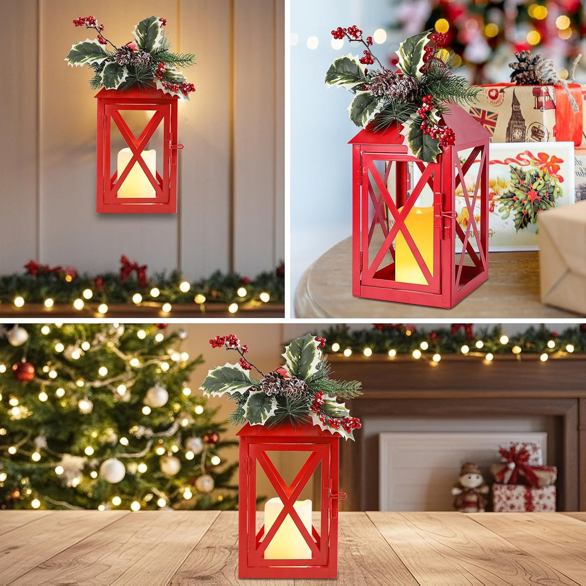 Christmas Lanterns Decorative Outdoor, Waterproof 14.2" Decorative Christmas Red Lantern Indoor Decor Metal Hanging Candle Holder LED Flameless Candle Lantern for Patio, Porch, 2 Packs