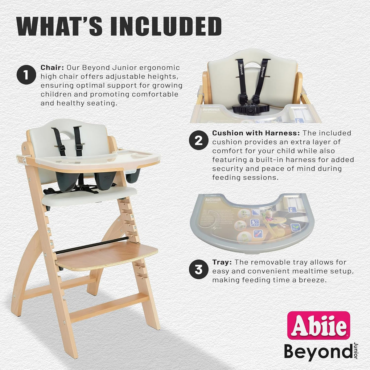 Abiie Beyond Junior Wooden High Chair with Tray - Adjustable and Convertible High Chair for Babies and Toddlers - 6 Months to 250 Lb - Water Resistant - Natural Wood/Dove Grey Cushion