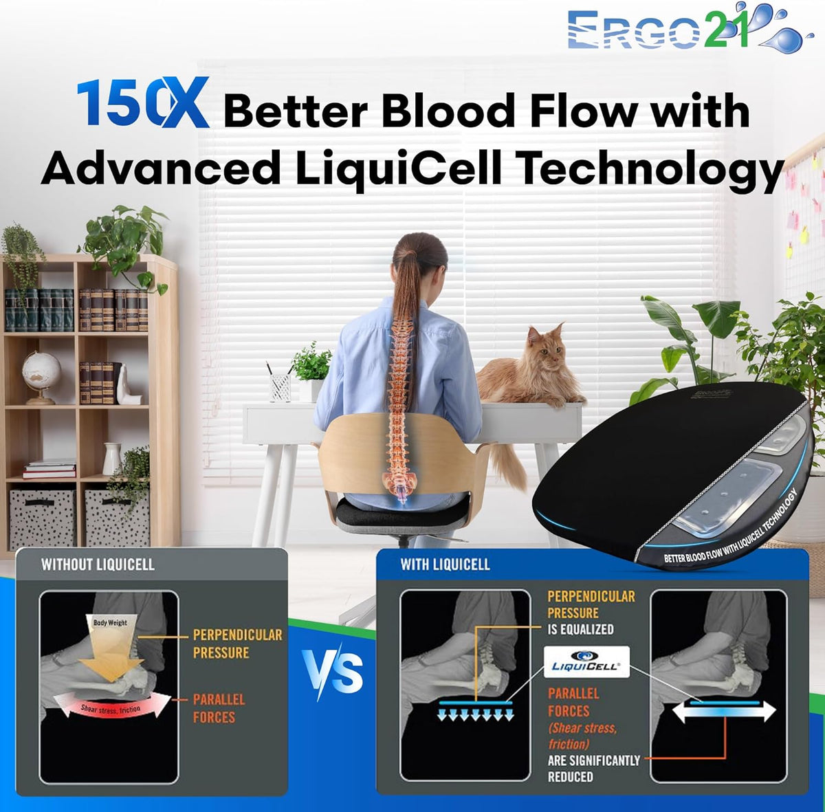 Original Seat Cushion - Liquicell Membrane Technology for Pressure Relief, Tailbone Pain, Sciatica, Hip & Lower Back Pain - Long Sitting on Car Seat, Office/Home Chair (18" W x 17" x 3")