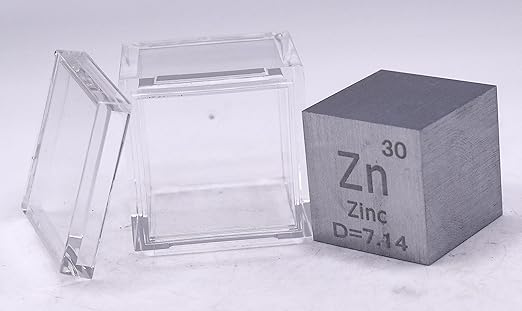 1" 25.4mm Zinc Metal Cube Zn up to 99.9% Pure Periodic Table Element Engraved Density Collection Science Education Display Block Cube + Acrylic Case Box - 1PC