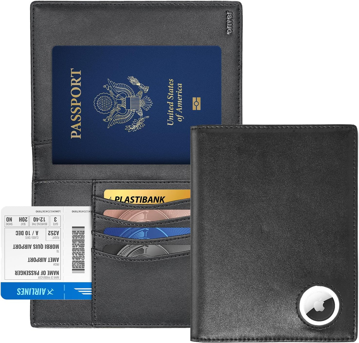 Passport Wallet With Airtag for Travel, Leather Passport Holder for Men and Women, RFID Blocking Bifold Passport Cover With Credit Card Holder (Black)