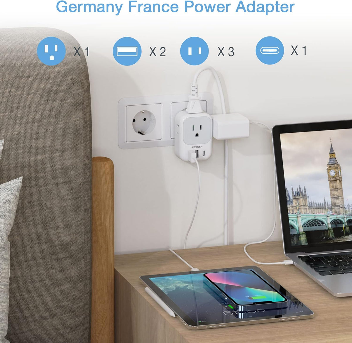 TESSAN 2 Pack Type E F Plug Adapter USB C, Germany France Power Adaptor with 3 USB Charger Ports, 4 AC Outlets Travel Plug for US to Europe EU Spain Iceland Korea Greece Russia German French