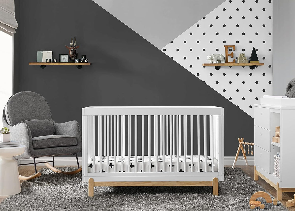 Delta Children Poppy 6-Piece Baby Nursery Furniture SetIncludes: Convertible Crib, Dresser, Changing Top, Mattress, Sheets, & Changing Pad, Bianca White w/Natural