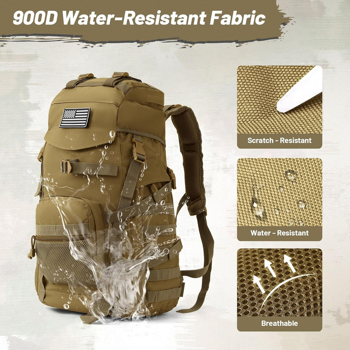 50L Tactical Backpack for Men and Women, Water-Resistant Molle Rucksack, Large Military Assault Pack for Hiking, Hunting, Camping, Gym & Outdoor Survival Khaki