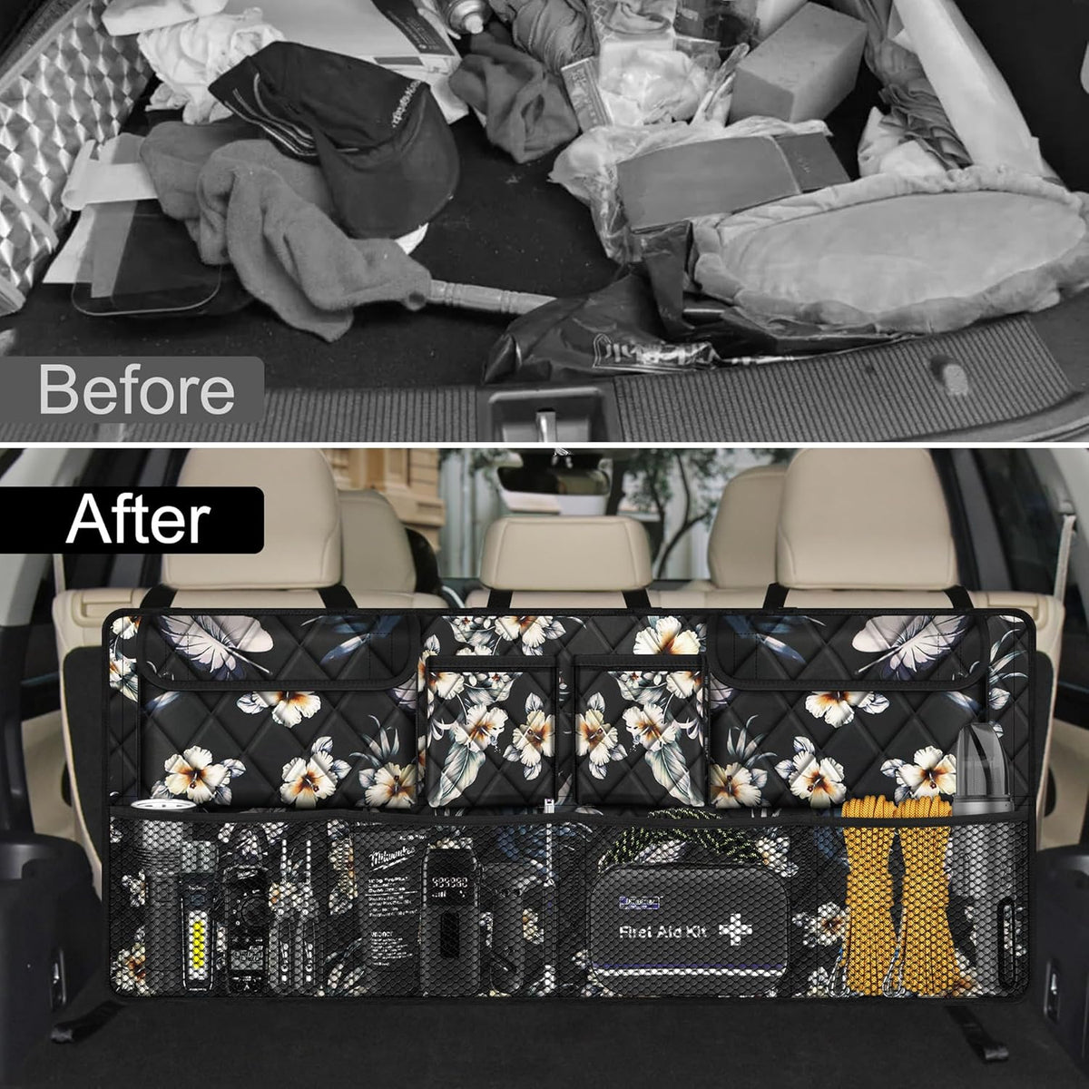 Femuar Car Trunk Organizer, Large Capacity Backseat Trunk Organizer (42"*18"), Collapsible Car Storage Bag with 8 Pockets - Hibiscus