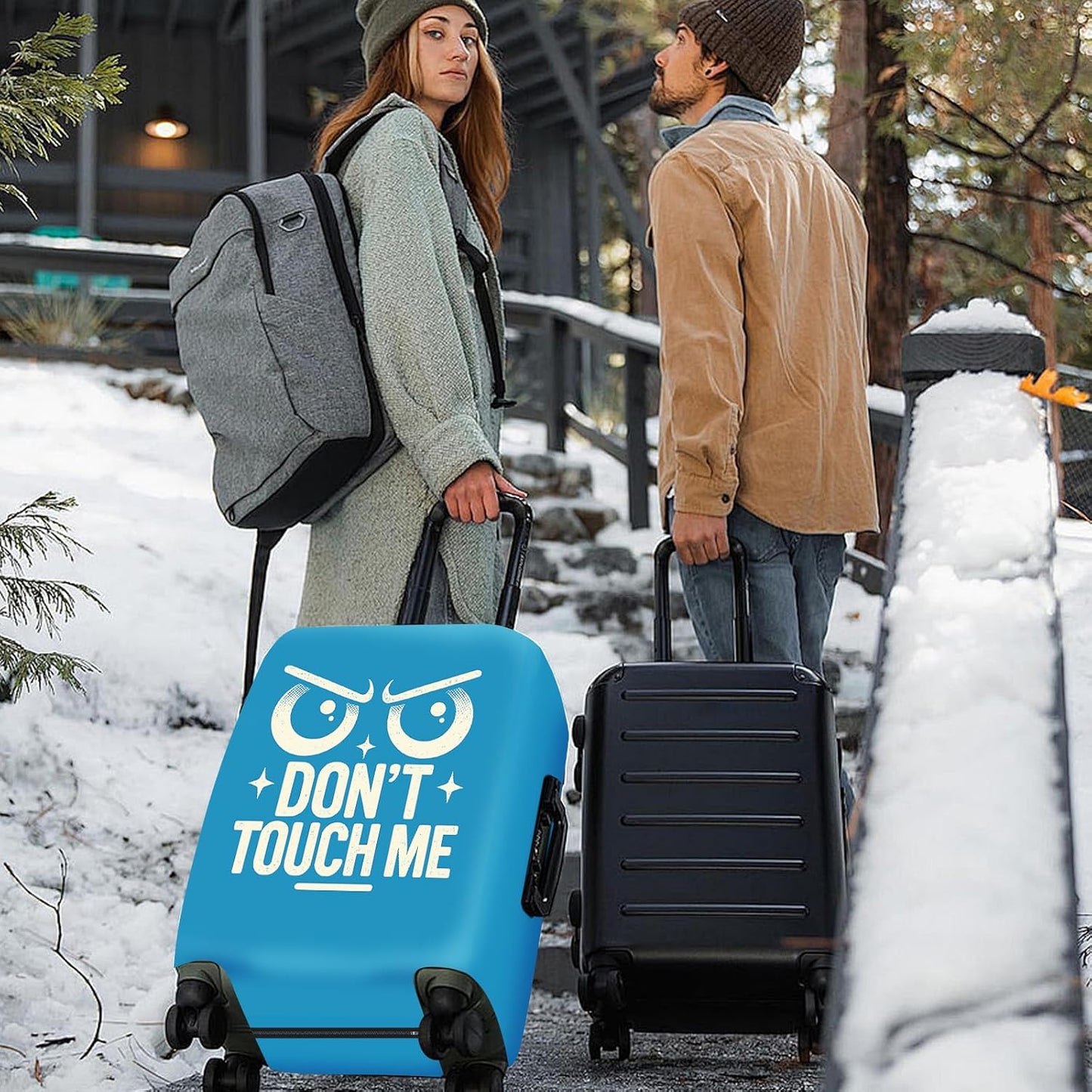 ANNA QUEEN Funny “Don’t Touch Me” Luggage Cover, Bold Blue Suitcase Protector with Angry Eyes Design, Stretchable, Washable Travel Cover for 20-22 Inch Luggage
