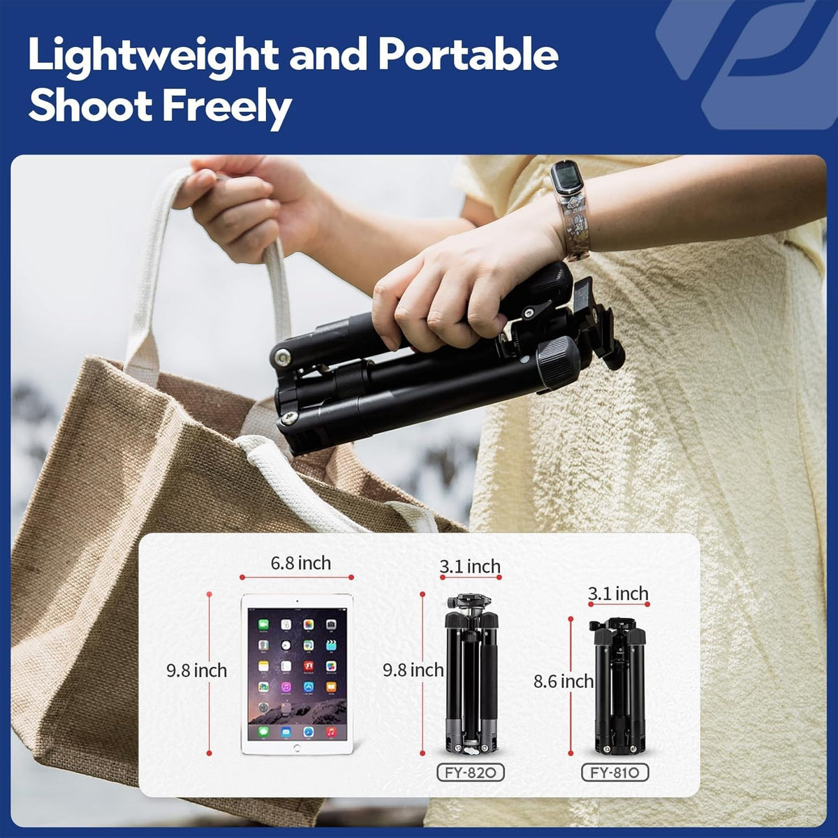 Fotopro Mini Tripod with Ball Head, Phone Mount Detachable Selfie Stick, Folded only 8.6", Max Load up to 6.6 lbs. FY-810 Matt Grey