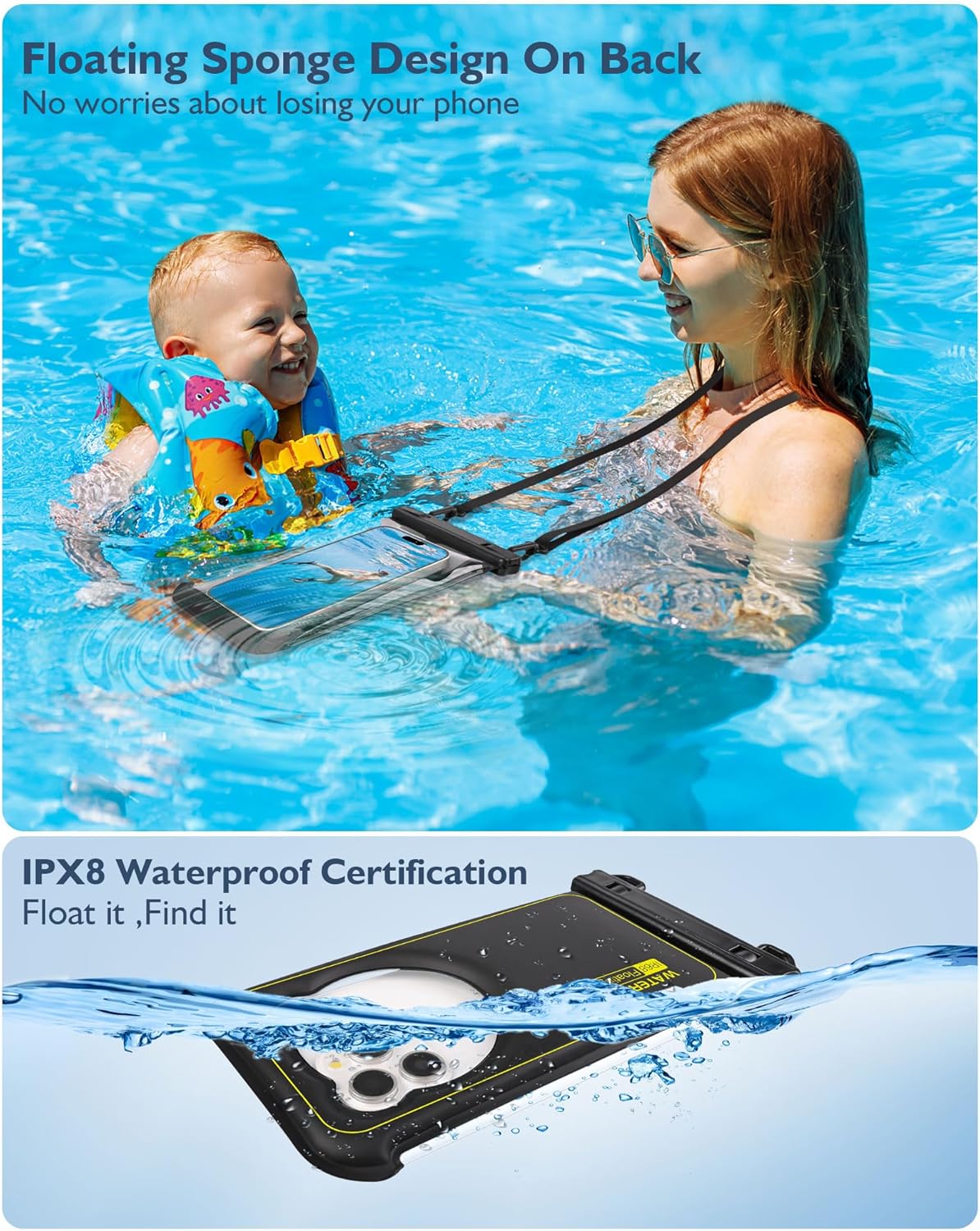 Waterproof Phone Pouch Floating- [3D Clear Soft Edges ] IP68 Waterproof Phone Case - iPhone 16/15/14/13 Pro Max Samsung 24/23/22 Ultra Google Up 7.5" - Detachable Lanyard - Front Clear + Back Bear