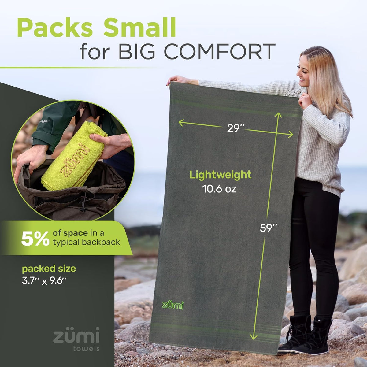 Zumi 100% Cotton Quick Dry Travel Towel - Soft, Thin, Compact, Highly Absorbent, Lightweight Camping Towel for Beach, Gym, Bath, Shower, Swimming, Dorm, RV - Green