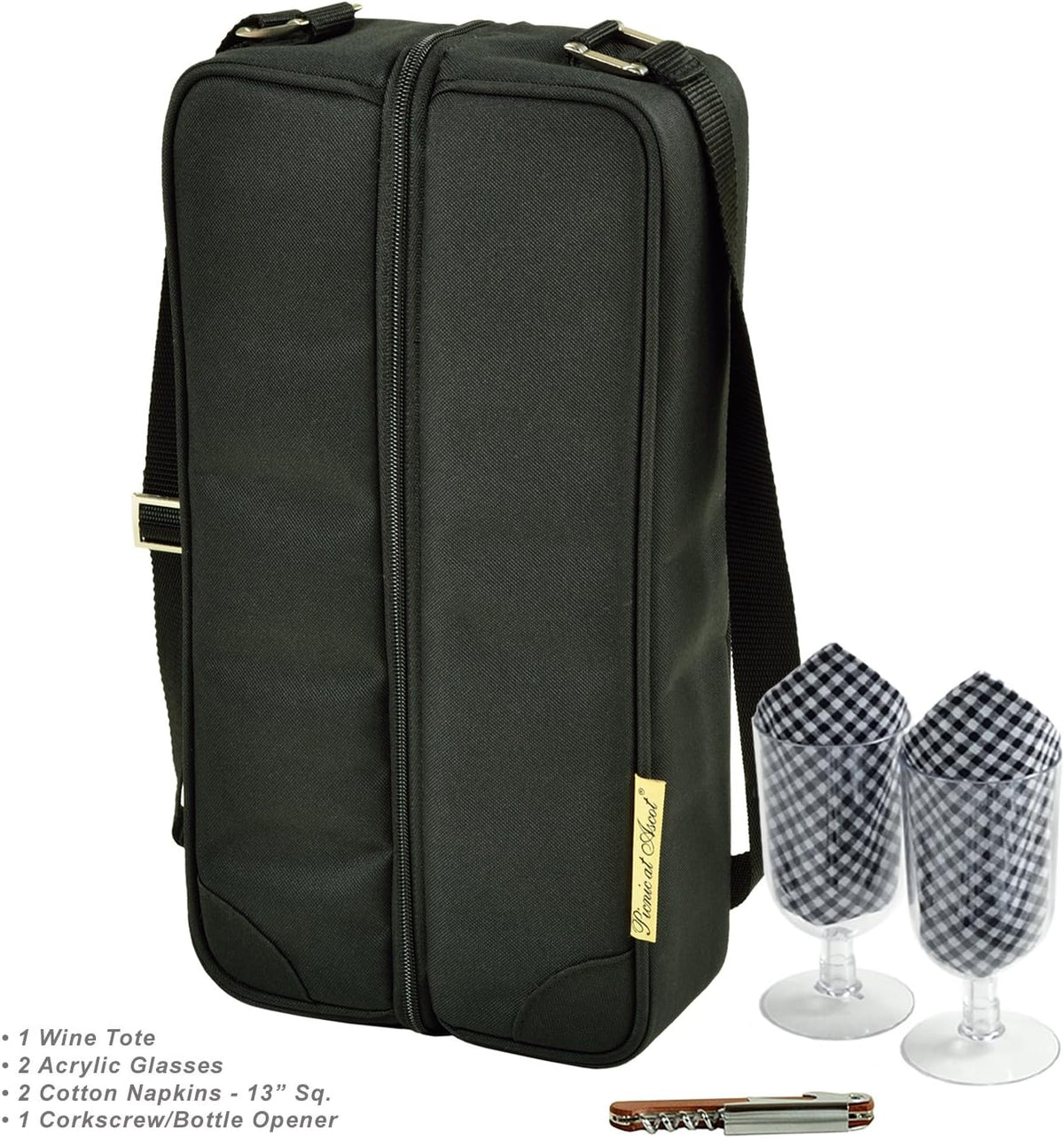Picnic at Ascot Insulated Wine Tote with 2 Wine Glasses, Napkins and Corkscrew -Designed & Assembled in the USA