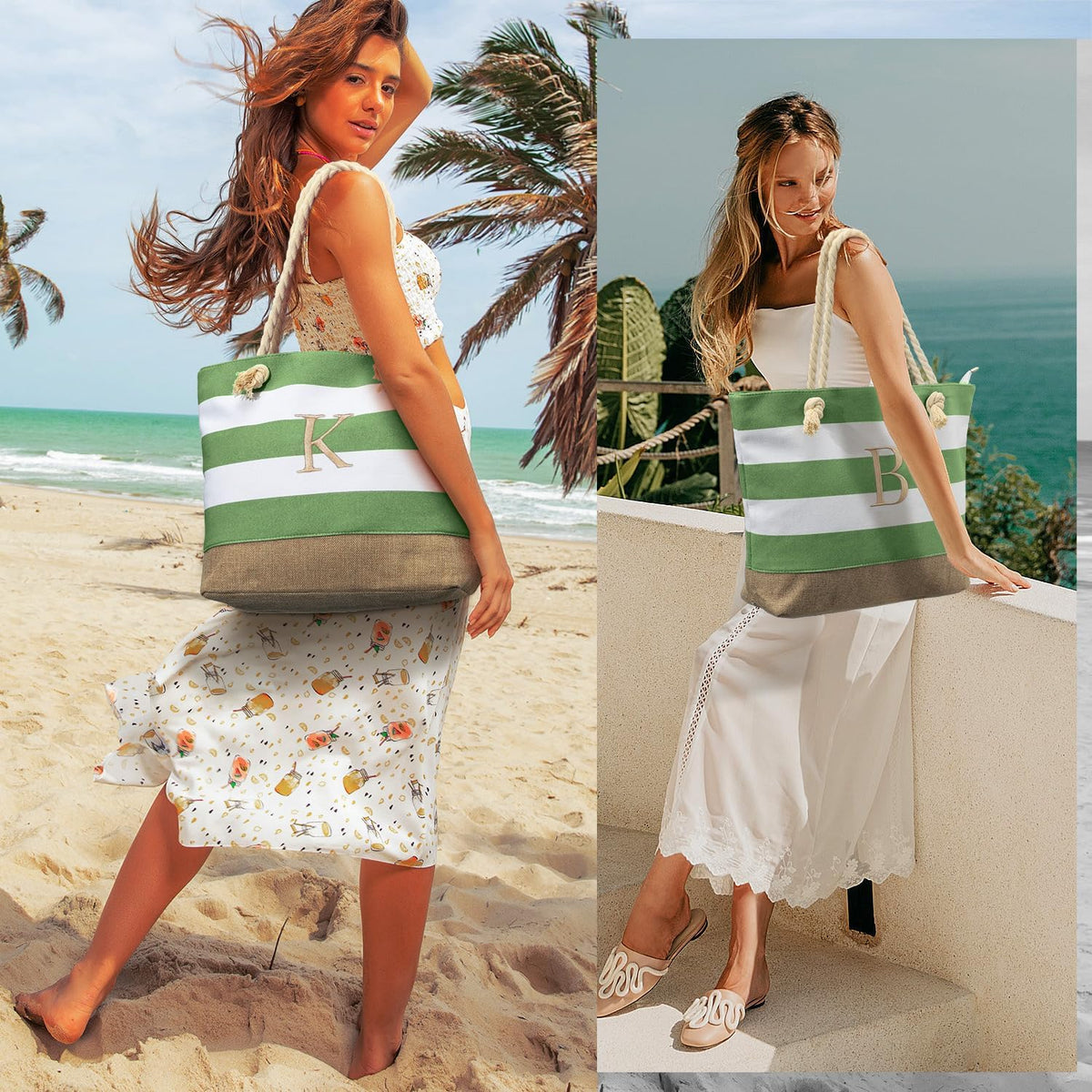 YOOLIFE Initial Canvas Waterproof Beach Tote Bag Zipper Personalized Gifts for Women Her Birthday Travel Beach Essential