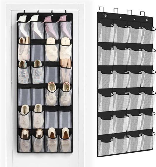 FENTEC 24 Pocket Over Door Shoe Organizer, Mesh Closet Shoe Holder, Black