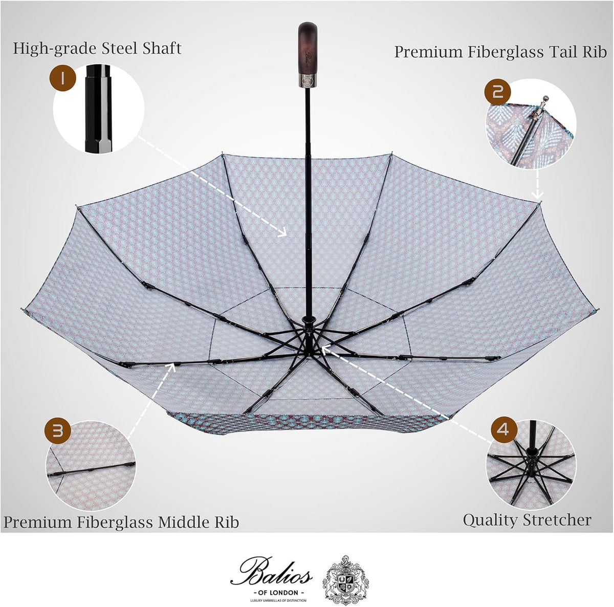 Balios Travel Folding Umbrella with Real Wood Handle Auto Open Close Vented Windproof Canopy - Designed in UK