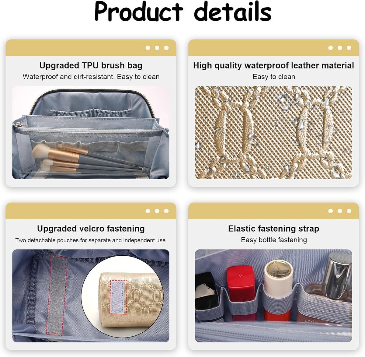 BOYATU Travel Makeup Bag for Women: Cosmetic Organizer Bag with Compartments - Leather Make up Bags Set of 3 (Gold Yellow)