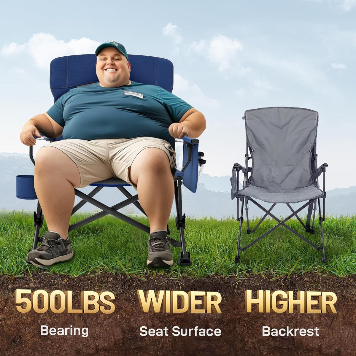 EVER ADVANCED Oversized Folding Camping Chair for Adults with Adjustable Lumbar Support, Heavy Duty Chair with Side Pockets, Portable Collapsible Quad Chair for Outside