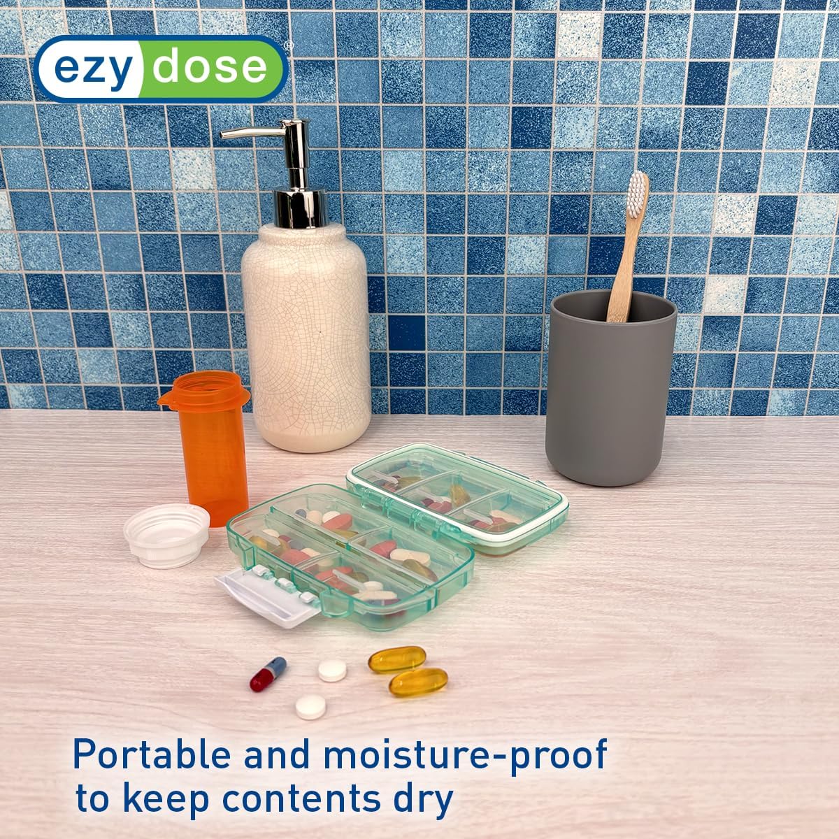 EZY DOSE Moisture-Proof Pill Case, Medicine Planner, Vitamin Organizer Box, Travel-Friendly, Latch-Closure to Secure Contents, 7 Individual Compartments Multiple Sizes with Tight Seal, Medium, Green