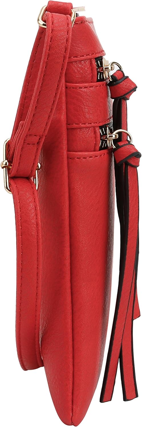 DELUXITY | Red Crossbody Bag | Women's Fashion Multi-Pocket Double Zipper Purse | Adjustable Strap | Medium Size | Perfect for Christmas