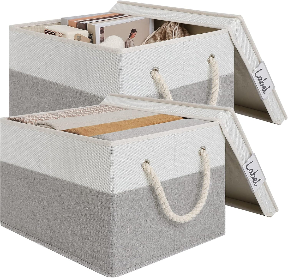 LoforHoney Home Fabric Storage Bins with Lids for Organizing, Foldable Closet Storage Boxes for Shelves, Clothes Baskets with Cotton Rope Handles, XLarge, Beige & Gray, 2-Pack