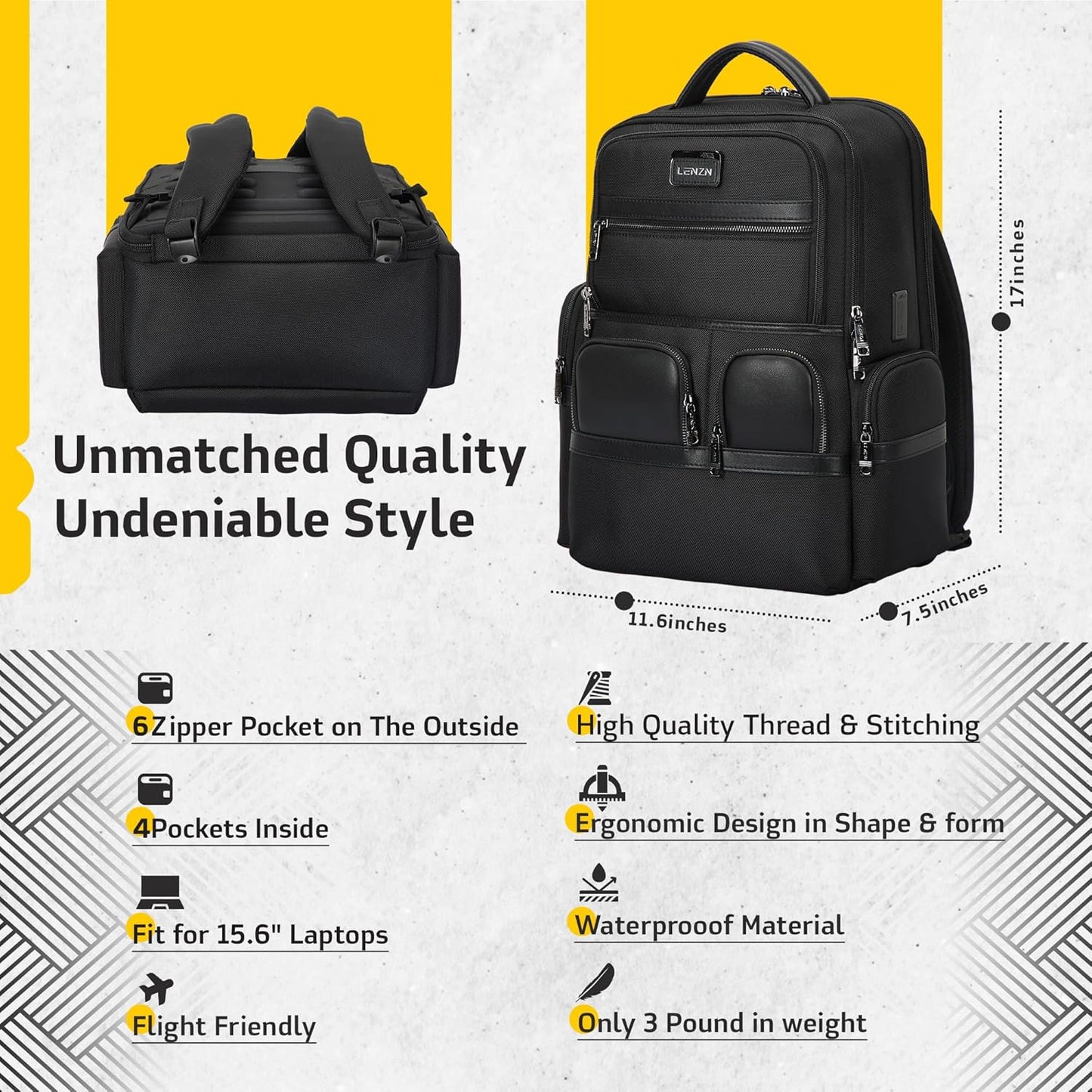 Laptop Business Backpack for Men & Women, Work Backpack Fits 15.6 Inch, Premium Quality Travel Bag with USB Charging Port, Water-Resistant, Durable Ballistic Nylon, Bookbag with Multiple Pockets