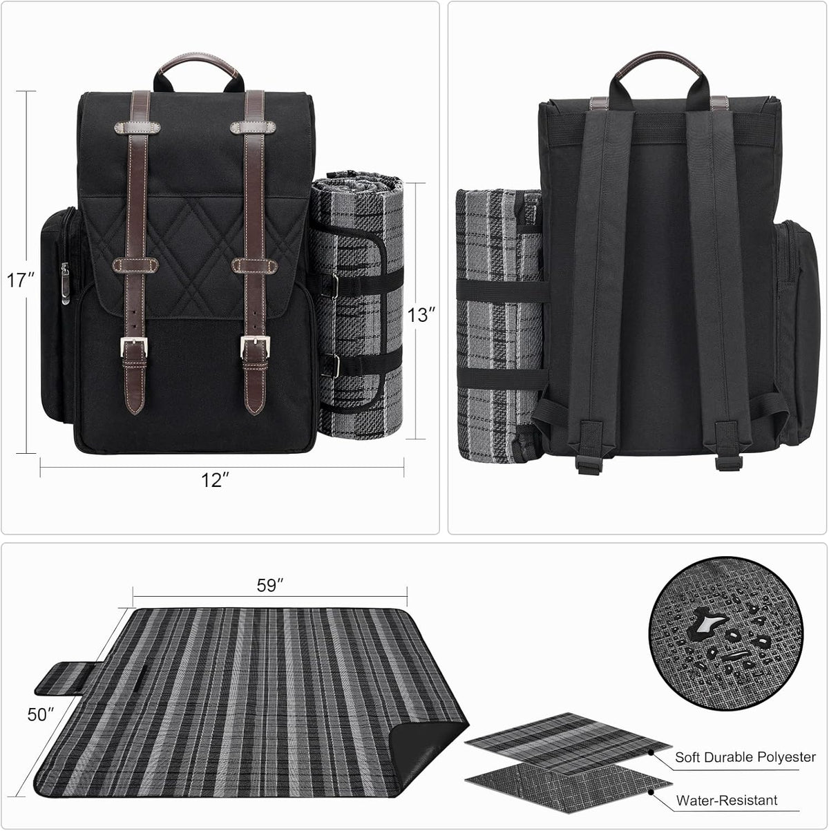 Picnic Backpack for 4 Person with Large Insulated Cooler Bag, Picnic Basket Set with Wine Pouch, Waterproof Picnic Blanket & Cutlery Set. Perfect for Beach, Camping, Party,Wedding Gift for Couple.